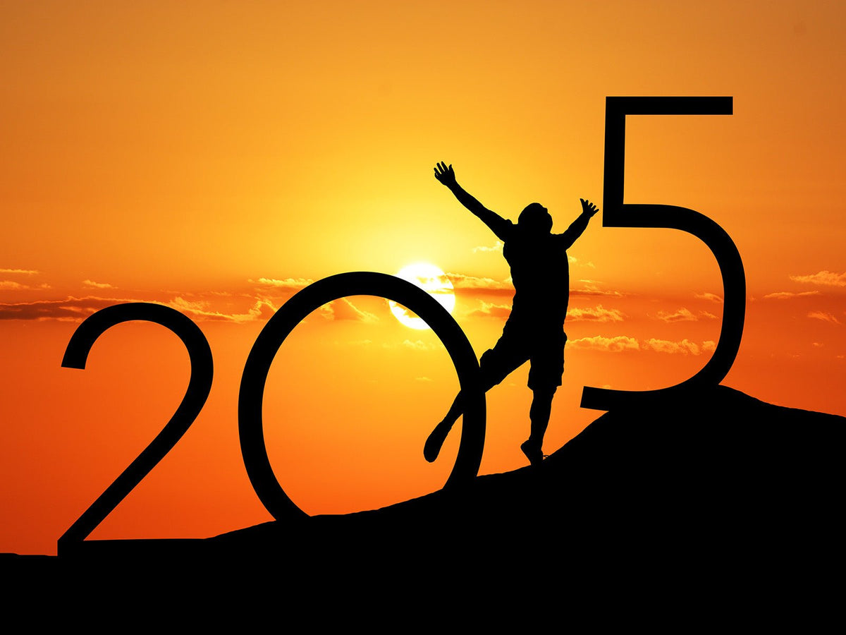 Silhouette of a person celebrating beside large 2015 numbers at sunrise.
