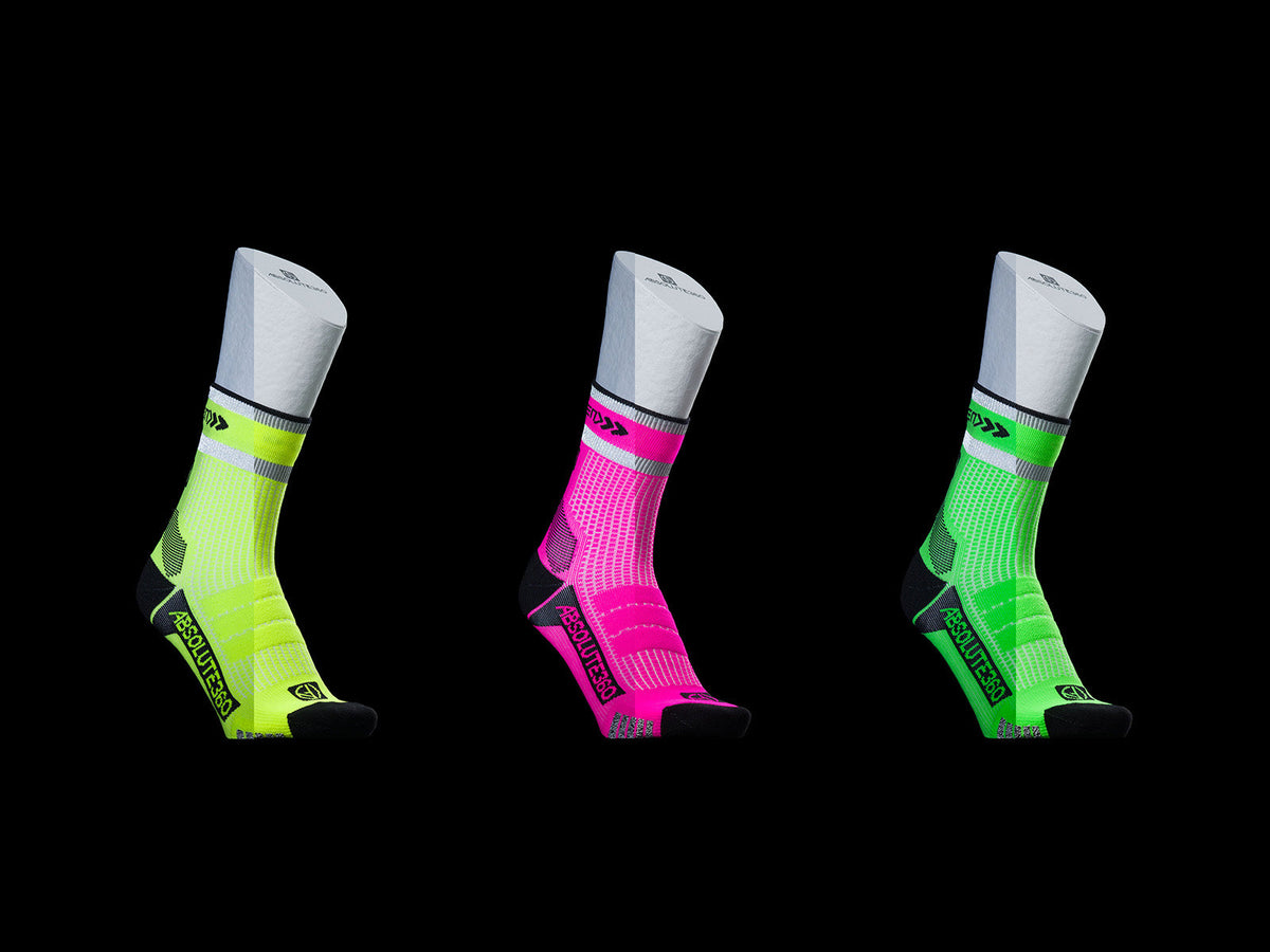 [BE SEEN] Running Socks in Neon Yellow, Neon Pink and Neon Green with reflective yarn cuffs