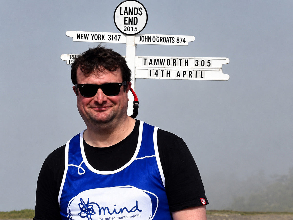 Jonathan Pearson at Land's End before beginning his charity walk across Britain in 2015