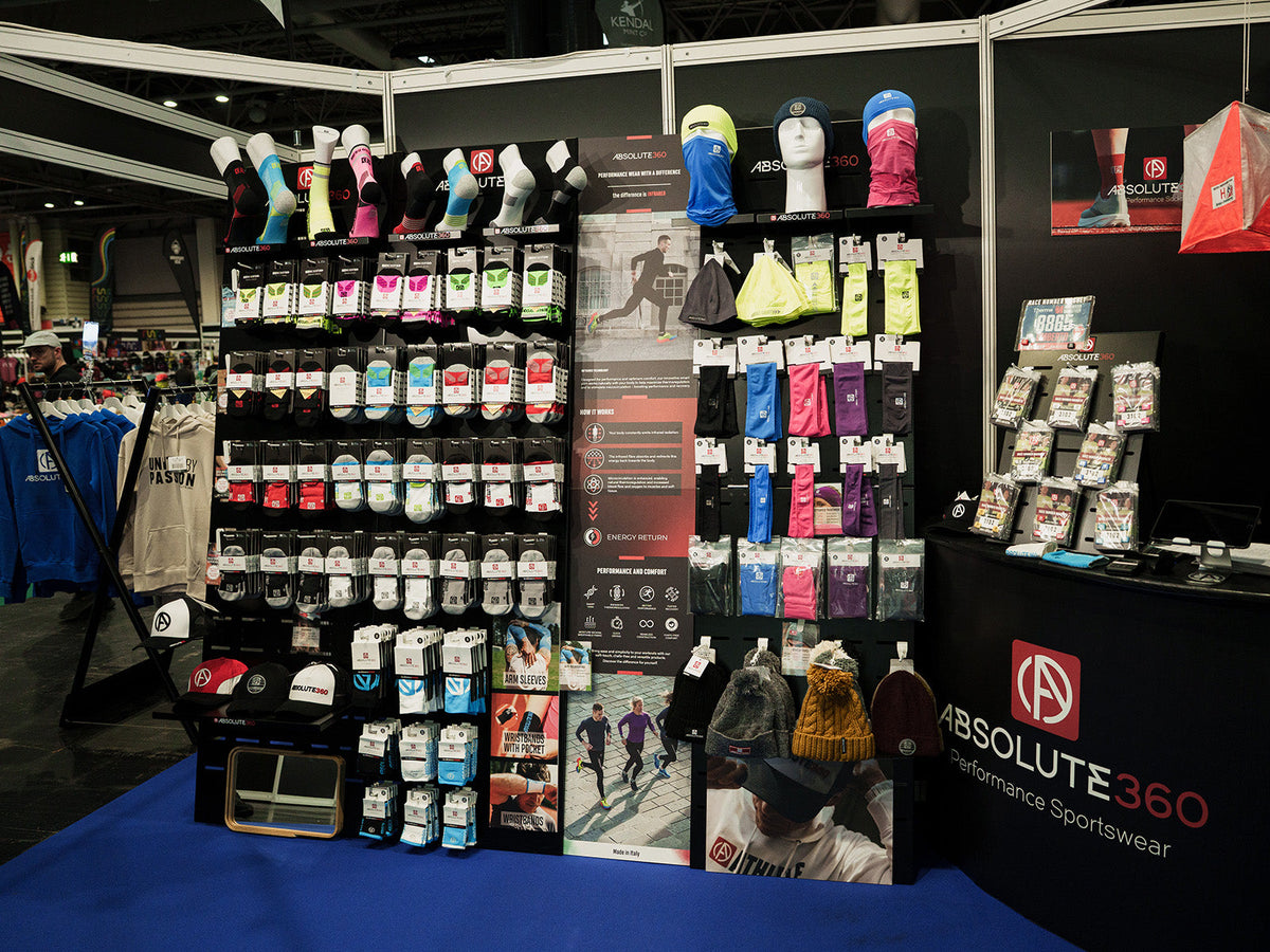 ABSOLUTE360® exhibition stand displaying running socks and performance sportswear at the National Running Show 2026.