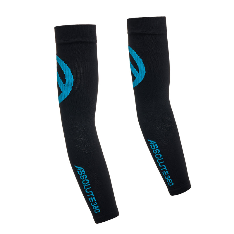 ABSOLUTE360 black arm sleeves with blue logo and text for running, sports, and outdoor activities