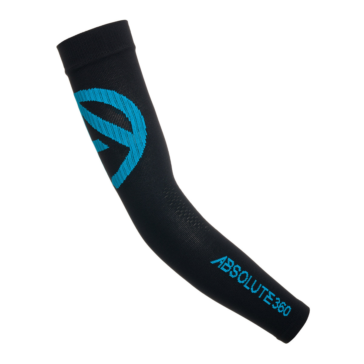 ABSOLUTE360 black single arm sleeve with blue logo and text for running, sports, and outdoor activities