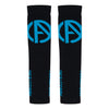 ABSOLUTE360 black arm sleeves with blue logo and text, back view product image on white background