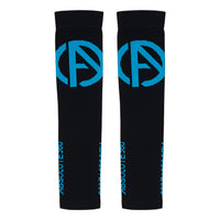 ABSOLUTE360 black arm sleeves with blue logo and text, back view product image on white background