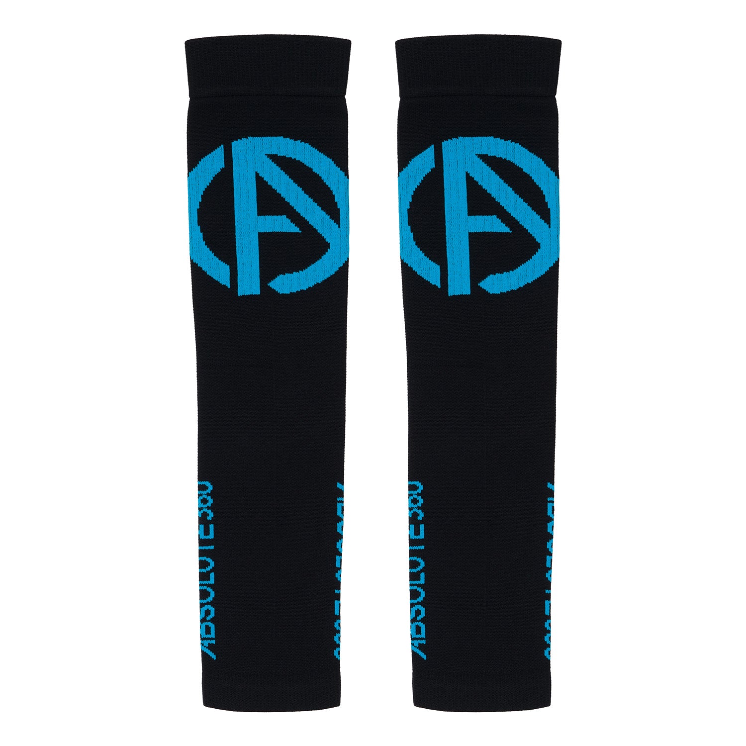 ABSOLUTE360 black arm sleeves with blue logo and text, back view product image on white background