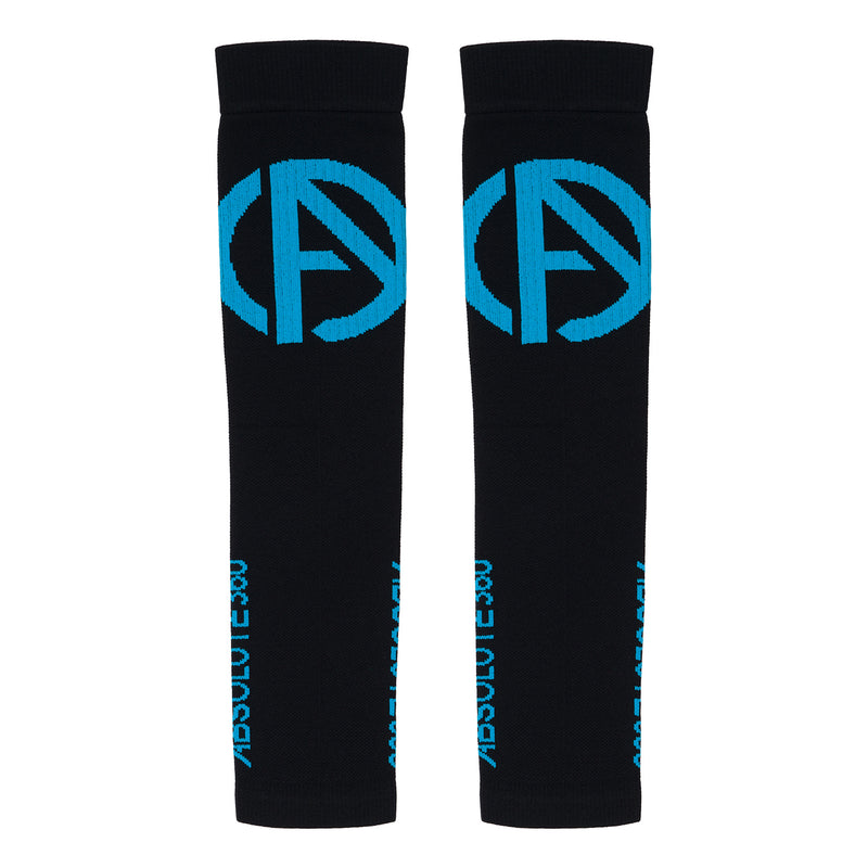ABSOLUTE360 black arm sleeves with blue logo and text, back view product image on white background