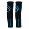 ABSOLUTE360 black arm sleeves with blue logo and text, side view product image on white background