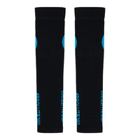 ABSOLUTE360 black arm sleeves with blue logo and text, front view product image on white background