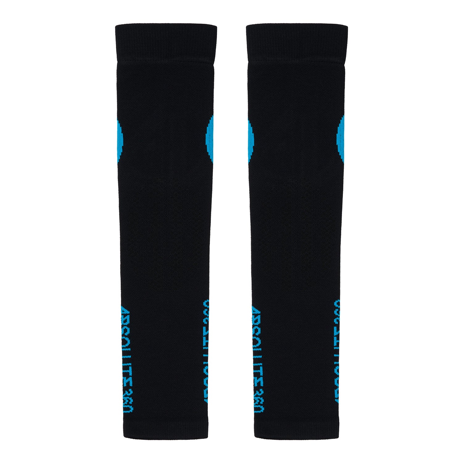 ABSOLUTE360 black arm sleeves with blue logo and text, front view product image on white background