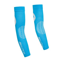 ABSOLUTE360 turquoise arm sleeves with white logo and text for running, sports, and outdoor activities