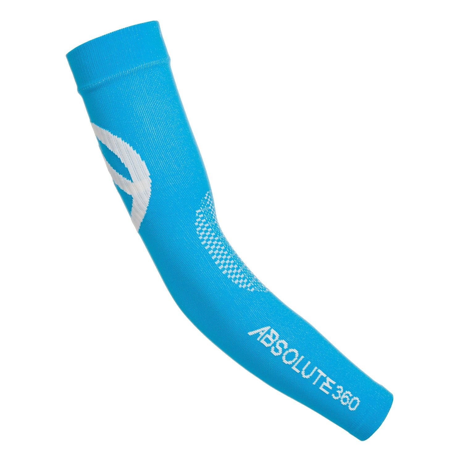 ABSOLUTE360 turquoise single arm sleeve with white logo and text for running, sports, and outdoor activities