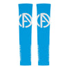ABSOLUTE360 turquoise arm sleeves with white logo and text, back view product image on white background