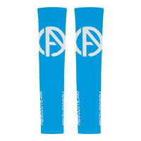 ABSOLUTE360 turquoise arm sleeves with white logo and text, back view product image on white background