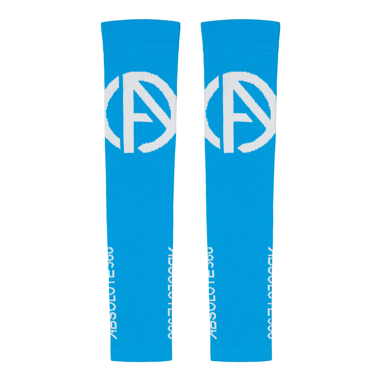ABSOLUTE360 turquoise arm sleeves with white logo and text, back view product image on white background