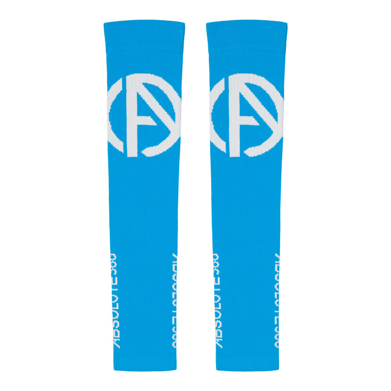 ABSOLUTE360 turquoise arm sleeves with white logo and text, back view product image on white background