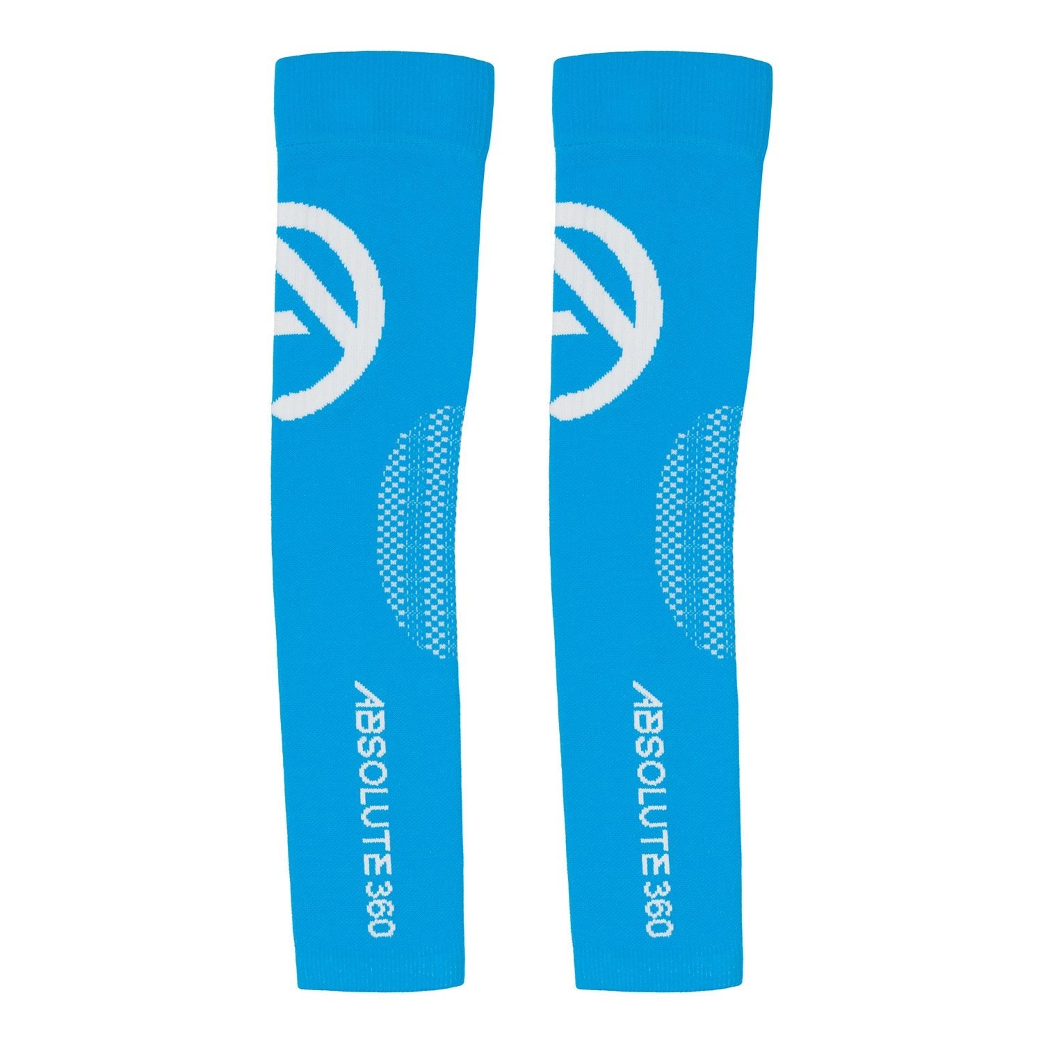 ABSOLUTE360 turquoise arm sleeves with white logo and text, side view product image on white background