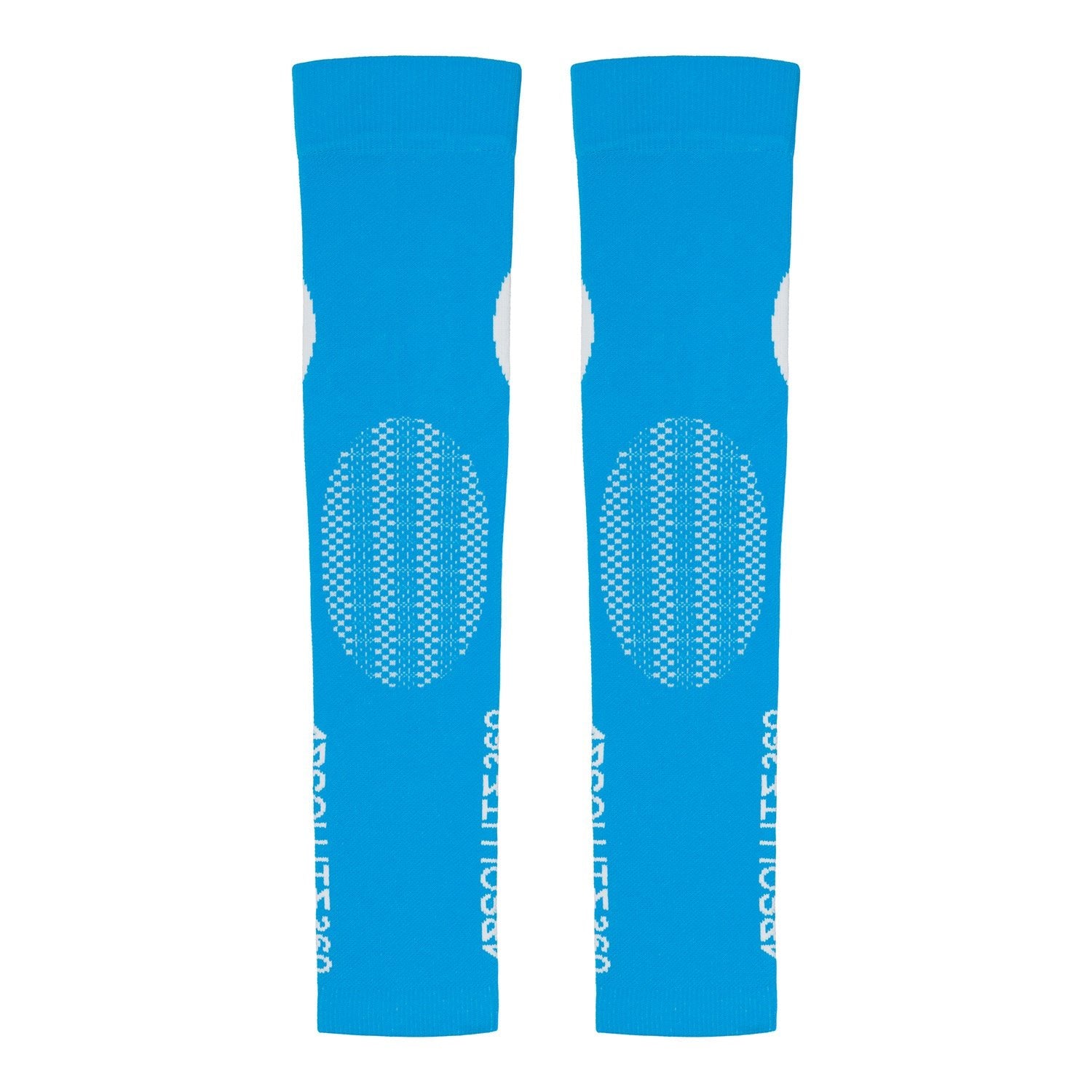 ABSOLUTE360 turquoise arm sleeves with white logo and text, front view product image on white background