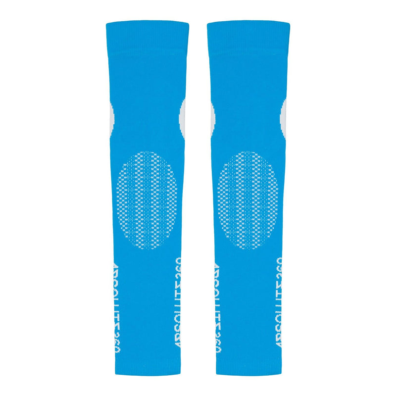 ABSOLUTE360 turquoise arm sleeves with white logo and text, front view product image on white background