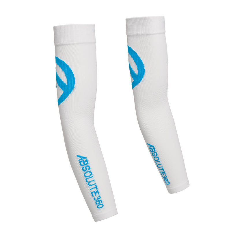 ABSOLUTE360 white arm sleeves with turquoise logo and text for running, sports, and outdoor activities
