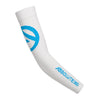 ABSOLUTE360 white single arm sleeve with turquoise logo and text for running, sports, and outdoor activities