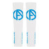 ABSOLUTE360 white arm sleeves with turquoise logo and text, back view product image on white background
