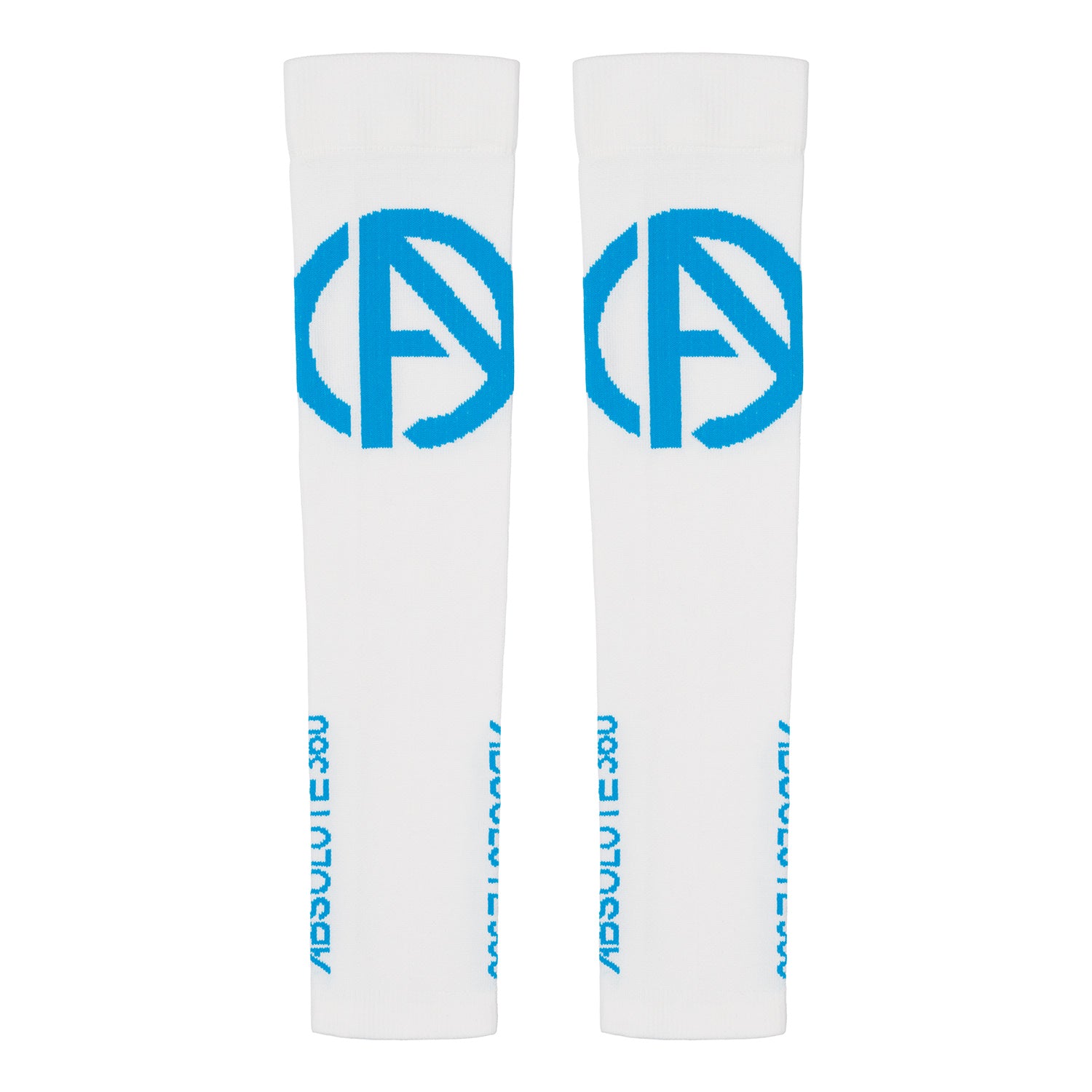 ABSOLUTE360 white arm sleeves with turquoise logo and text, back view product image on white background