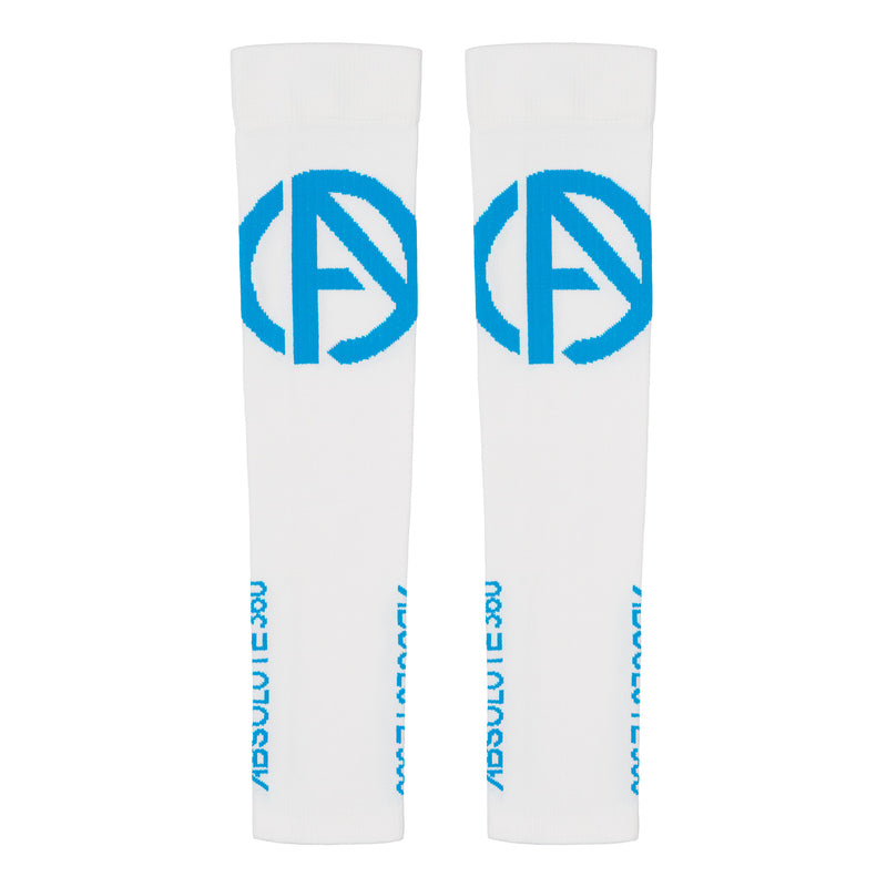 ABSOLUTE360 white arm sleeves with turquoise logo and text, back view product image on white background