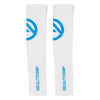 ABSOLUTE360 white arm sleeves with turquoise logo and text, side view product image on white background