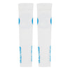ABSOLUTE360 white arm sleeves with turquoise logo and text, front view product image on white background