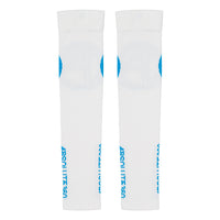 ABSOLUTE360 white arm sleeves with turquoise logo and text, front view product image on white background