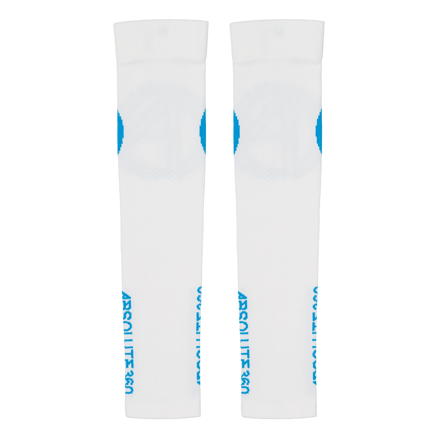 ABSOLUTE360 white arm sleeves with turquoise logo and text, front view product image on white background