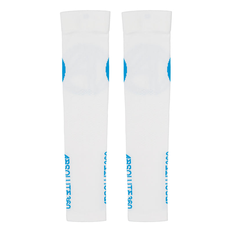 ABSOLUTE360 white arm sleeves with turquoise logo and text, front view product image on white background