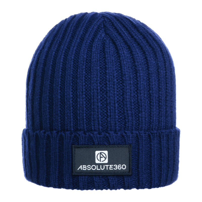 ABSOLUTE360 Boxed Logo Beanie in navy blue colour, front view on white background