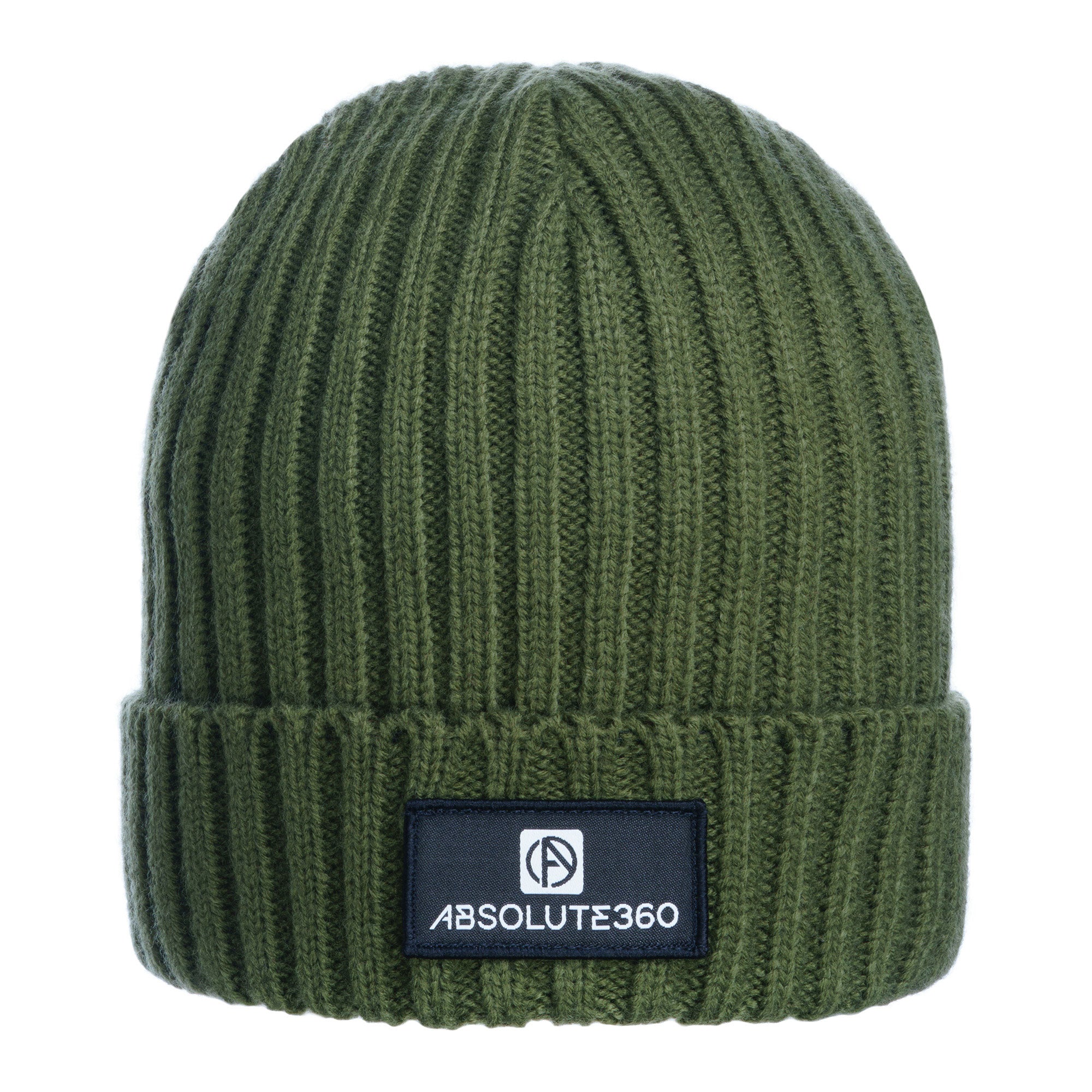 ABSOLUTE360 Boxed Logo Beanie in dark olive green colour, front view on white background