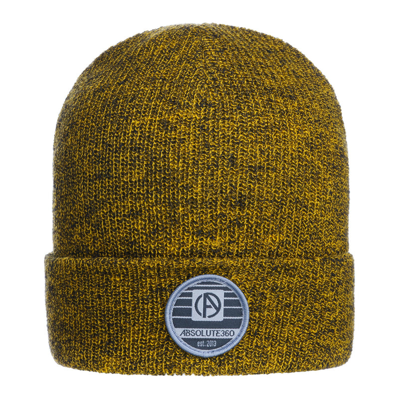 ABSOLUTE360 Heritage Beanie in mustard colour, front view on white background