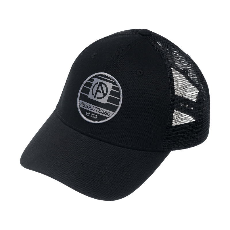 ABSOLUTE360 Heritage Trucker Hat in black, front view on white background