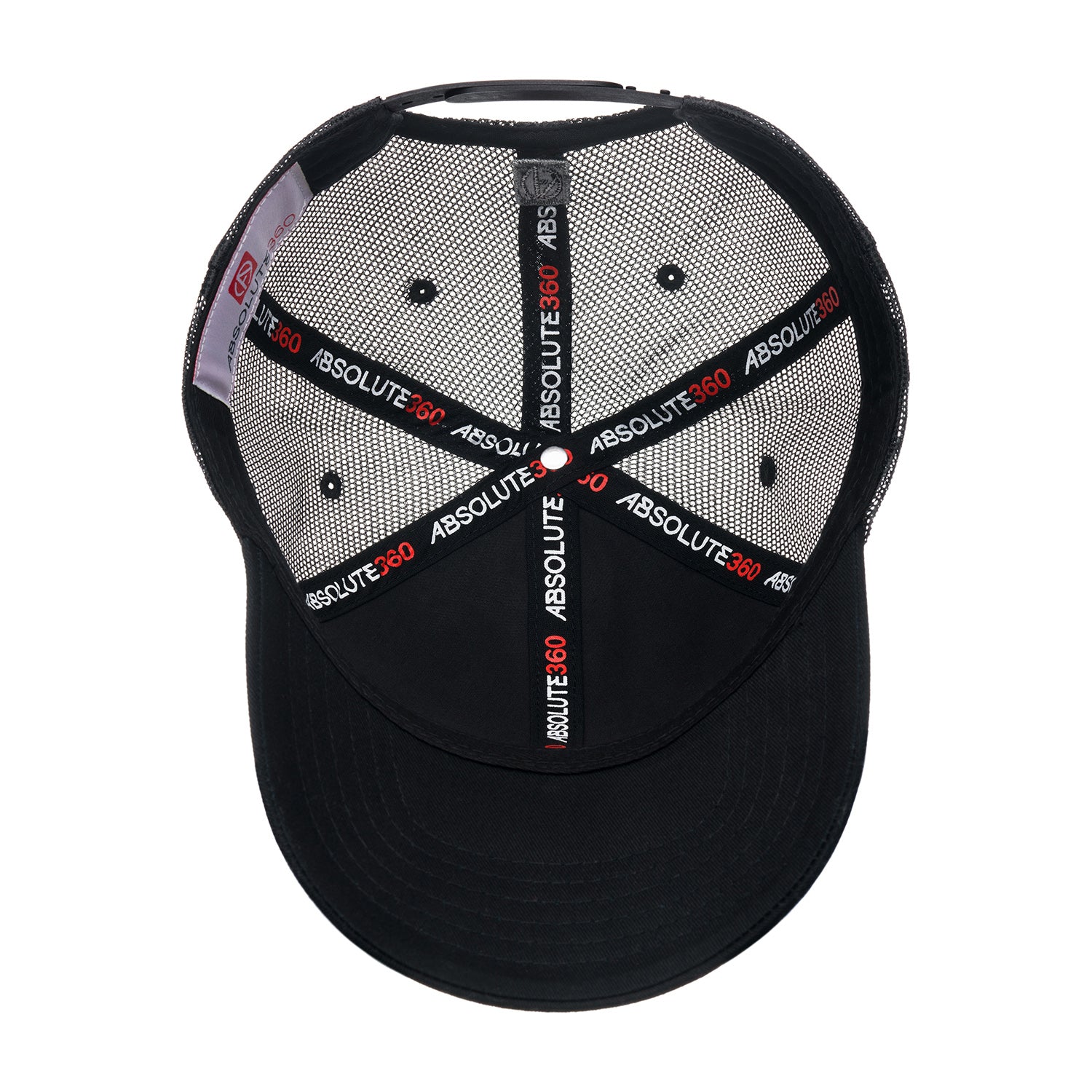 ABSOLUTE360 Heritage Trucker Hat in black, inside view on white background