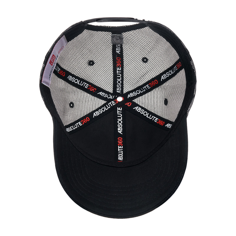 ABSOLUTE360 Heritage Trucker Hat in black, inside view on white background