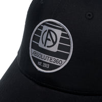 ABSOLUTE360 Heritage Trucker Hat in black, detailed woven patch