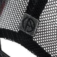 ABSOLUTE360 Heritage Trucker Hat in black, detailed mesh fabric with embroidered logo on white background