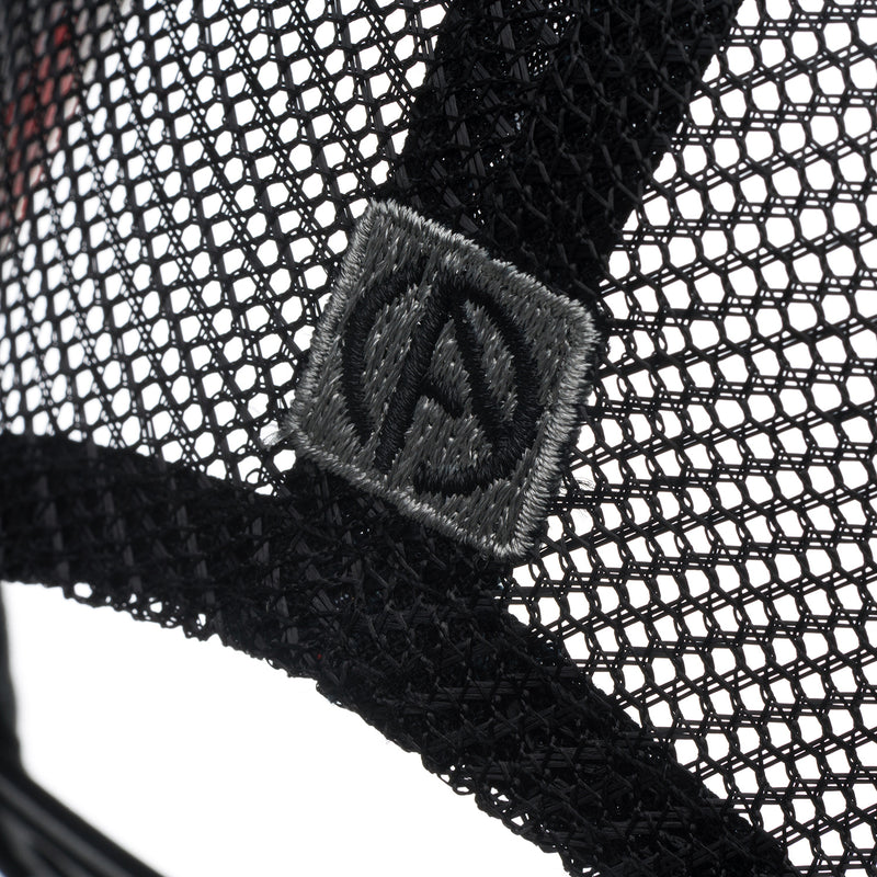 ABSOLUTE360 Heritage Trucker Hat in black, detailed mesh fabric with embroidered logo on white background