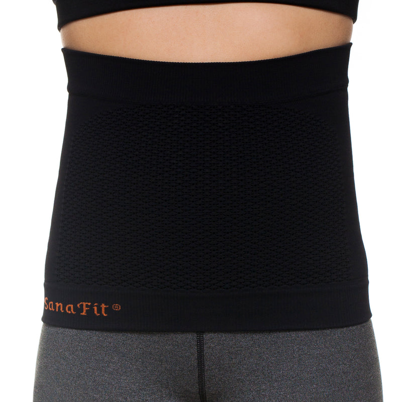 ABSOLUTE360 black back support, front view on white background
