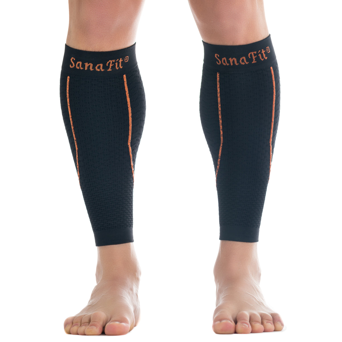 ABSOLUTE360 black calf sleeves, front view on white background