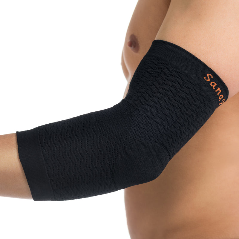 ABSOLUTE360 black elbow support, side view on white background