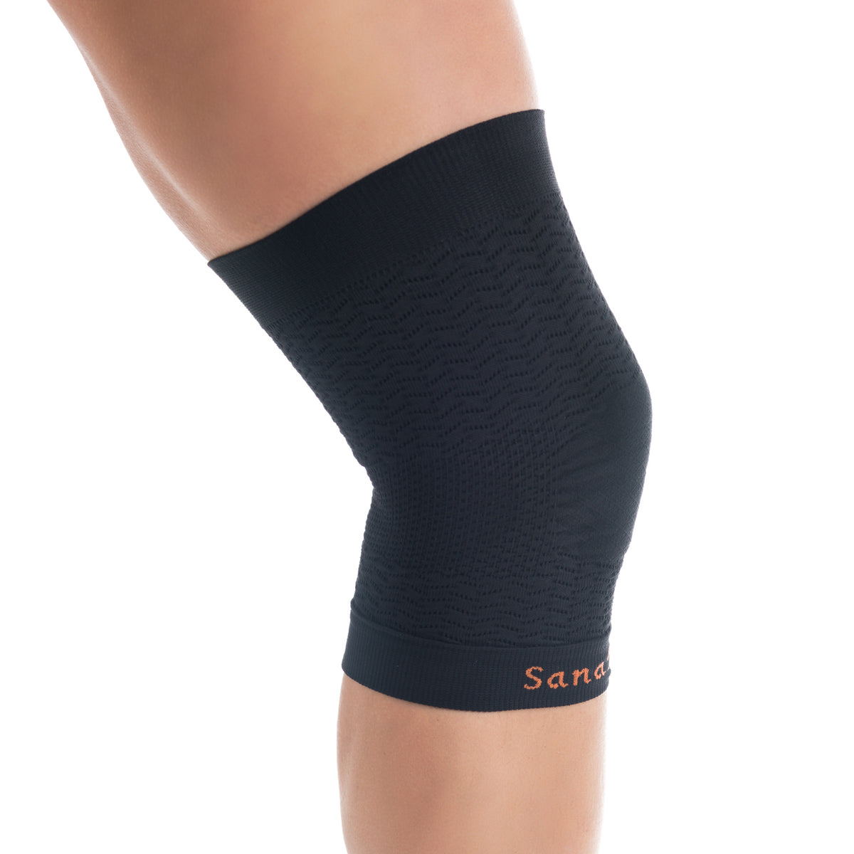 ABSOLUTE360 black knee support, side view on white background