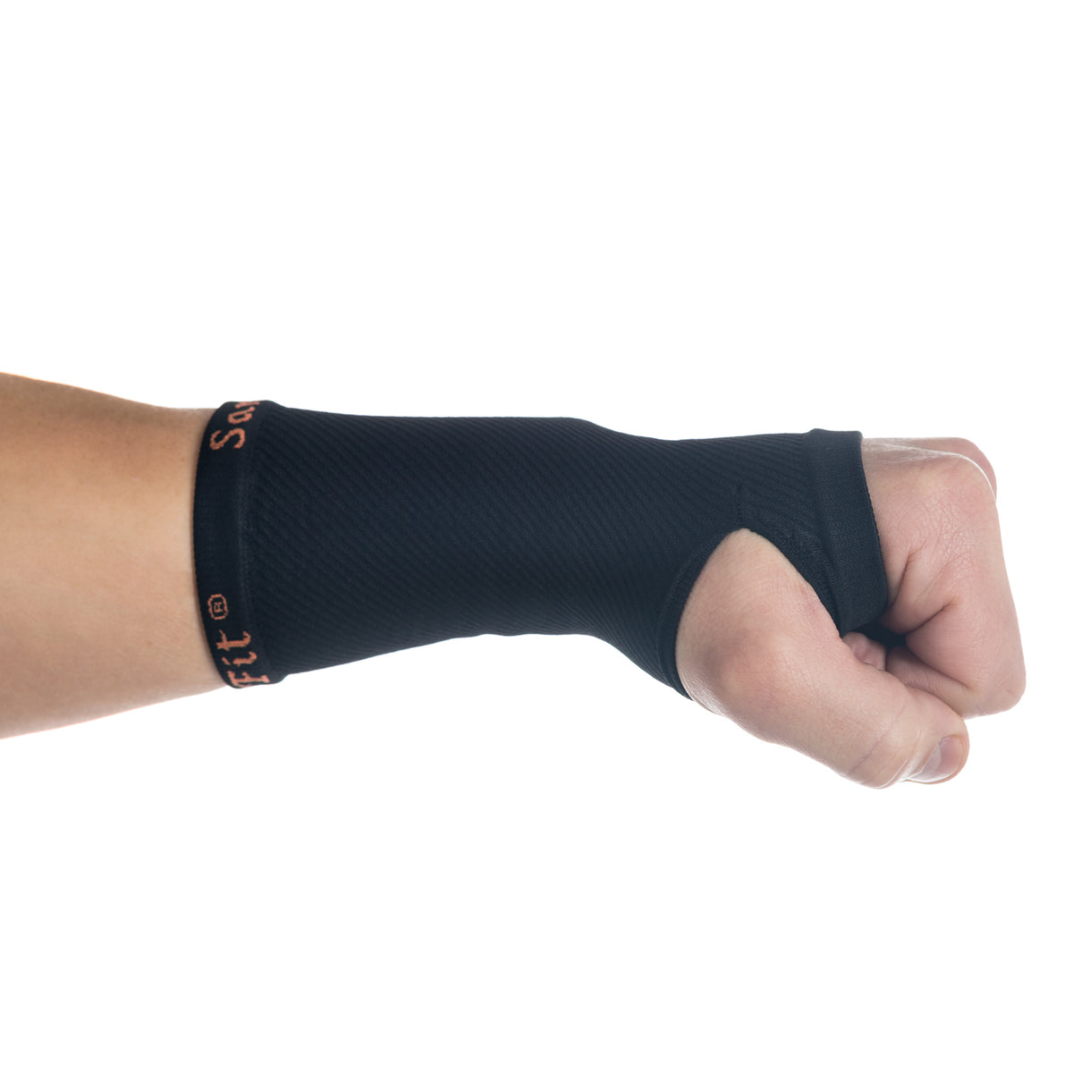 ABSOLUTE360 black palm & wrist support on a person's wrist, closed hand, inside side view on white background