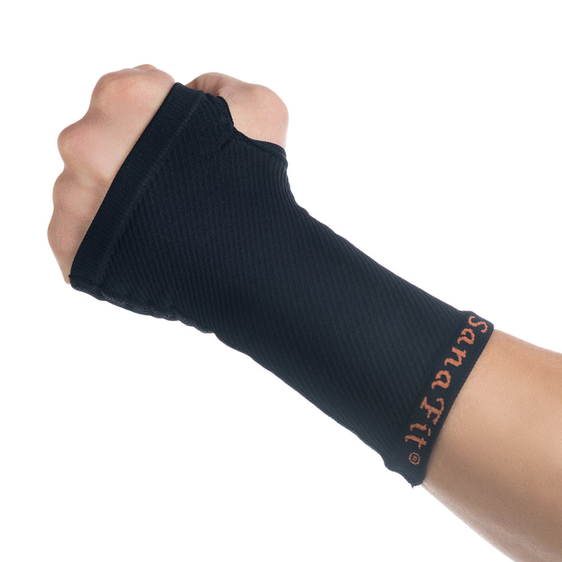 ABSOLUTE360 black palm & wrist support on a person's wrist, closed hand, front view on white background