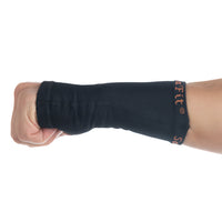 ABSOLUTE360 black palm & wrist support on a person's wrist, closed hand, outside side view on white background