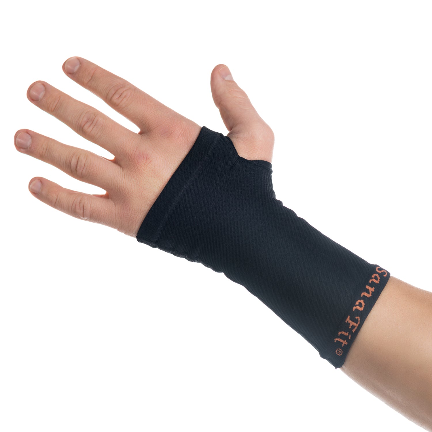 ABSOLUTE360 black palm & wrist support on a person's wrist, open hand, front view on white background