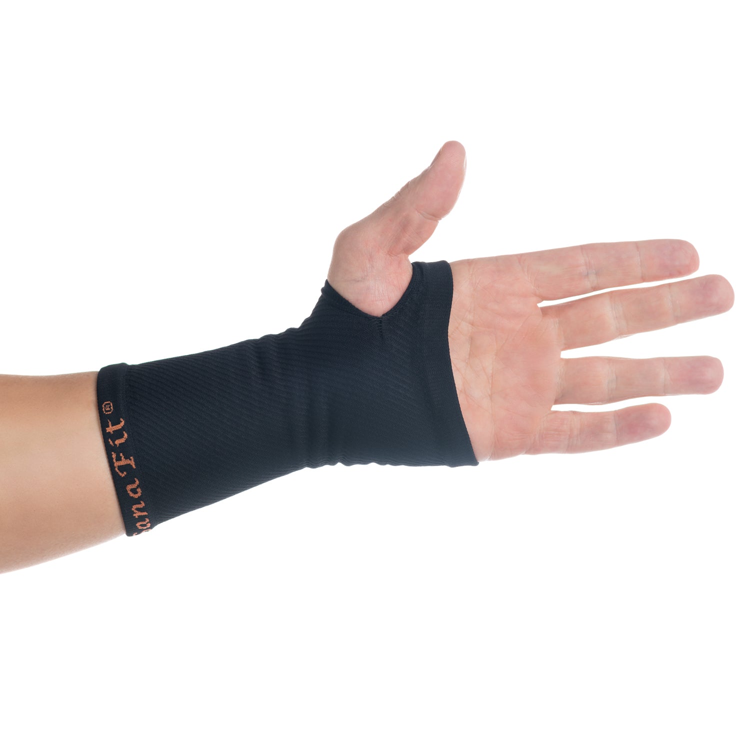 ABSOLUTE360 black palm & wrist support on a person's wrist, open hand, back view on white background